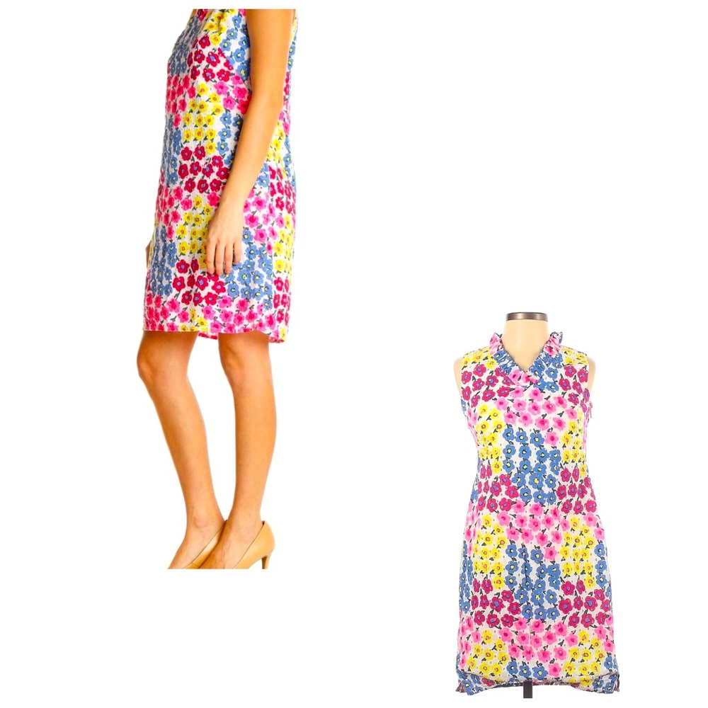 Talbots Floral Ruffle Neck Eyelet Sleeveless Shift Dress